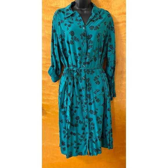 Ava & Viv Button Front Shirt Dress Women's Plus Size X Teal Black Floral Rayon - Picture 1 of 13